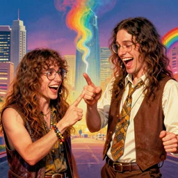 a picture of a laughing subgenius - salesman punching a ( long hair hippie with glasses ), rainbow smoke, a detailed matte painting by mort kunstler, pixiv, kitsch movement, dallas background, movie poster, official art