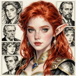 alluring highly detailed close-up portrait of beautiful elf girl with red hair wearing a fantasy outfit, very detailed, realistic, manga pen and ink, by Stanley Artgerm Lau, greg rutkowski, thomas kindkade, alphonse mucha, loish, norman rockwell J.