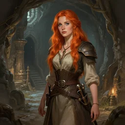 Natalie Postman as an orange-red haired  peasant in an underground city, fantasy concept art by Greg Rutkowski