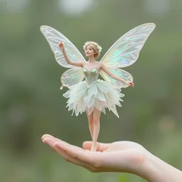 a fairy, fully dresses, landing on a hand