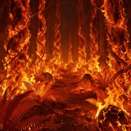 A flaming forest , flaming leaves,fire ,Magma,flame stones are scattered, flame ferns, flame shrubs, huge flame Fantasy plant,covered in flame porcelain vine, artstation,by  Jakub Rozalski