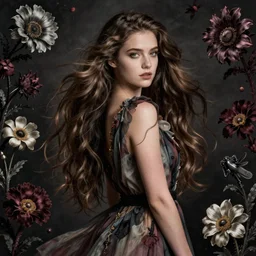 portrait of Katherine McPhee as a young pretty woman in flowing dress, arrogant, mysterious, long fine flowing hair, delicate, looking at camera, realistic face, intricate, stylish, elegant, grimdark, flowers, extremely detailed photograph by Martine Johanna and Ernst Haeckel and Greg Rutkowski