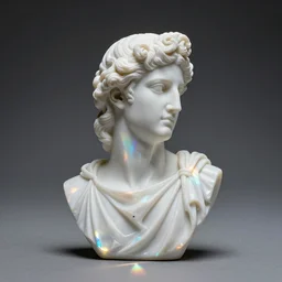“Translucent prism in the shape of a a Greek God Apollo, refraction, light rays shining through, 4k photo”