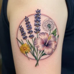botanical tattoo, lavender, verbena, hibiscus, dandelion, circle design, tattoo design, inking on skin, art by ghibli studios
