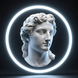head of a renaissance statue surrounded by a huge neon ring, 3 d render