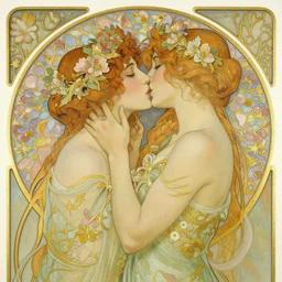 the kiss | romance love passion tenderness | highly detailed | very intricate | art nouveau | gold filigree | pre - raphaelite romantic storybook fantasy | made of flowers | soft cinematic lighting | award - winning | painted by mandy jurgens and audrey kawasaki | pastel color palette | featured on artstation