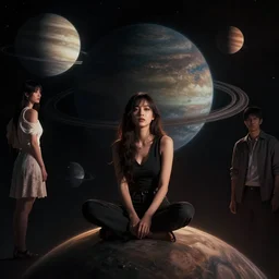 A beautiful woman sitting below planets, cinematic lighting, dramatic atmosphere, by Dustin Nguyen, Akihiko Yoshida, Greg Tocchini, Greg Rutkowski, Cliff Chiang, 4k resolution, octane render, trending on artstation