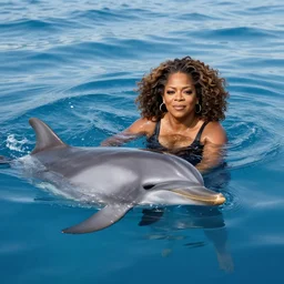Oprah Winfrey in the ocean swimming with dolphins, 8k UHD, hyper realistic, nature photography
