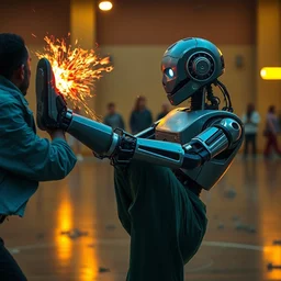 ai robot getting kicked and beat by humans artists including simon stalenhag and rj palmer, by simon stalenhag and rj palmer