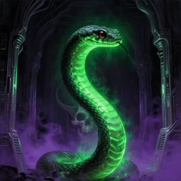 a close - up view portrait of a silhouetted supernatural laser snake in brutalist halls with metallic alien technology. close - up view, detailed textures. glowing green purple fog, dark black background. poison skull face, highly detailed fantasy science fiction painting by moebius, norman rockwell, frank frazetta, and syd mead. rich colors, high contrast
