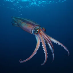 deep sea cam shot of sinister giant squid with very long tentacles, infrared