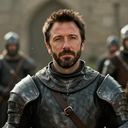 still frame from a movie, close up of a relaxed ben affleck in a 15th century knight suit, centerframe, medieval background, rule of third, alexa 65, cooke prime 25mm, cinematic, film grain, flare