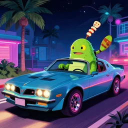 a tardigrade driving a trans am, 1 9 8 3, miami, nighttime, synthwave, detailed,