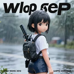 cute girl wearing a gun on her back, by wlop, rain, poster, anime key visual, artstation