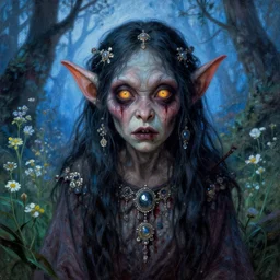 a pretty but sinister and creepy goblin in layers of fear, with glowing eyes, violence in her eyes, 1 9 7 0 s, seventies, delicate embellishments, a little blood, woodland, blue dawn light shining on wildflowers, painterly, offset printing technique, by walter popp, alexandre cabanel