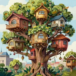looking up at a city of tree - houses at caras galadhon, intricate, vivid colors, elegant, highly detailed, john park, frazetta, john howe, ruan jia, jeffrey catherine jones