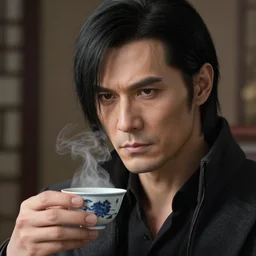albert wesker holding a small steaming china cup of tea, romanticism style, detailed facial proportions