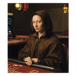 a woman in a hooded cloak, in a casino, color photograph, by jan van eyck, canon eos c 3 0 0, ƒ 1. 8, 3 5 mm, 8 k, medium - format print