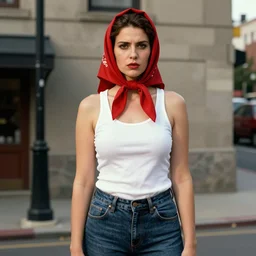 a thugish woman, wearing a red headscarf, a white tank top, and jeans, by norman rockwell.