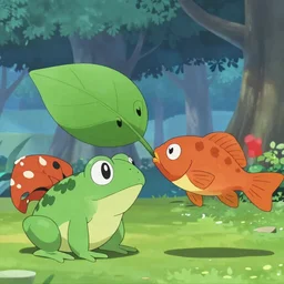 a leaf face fish kissing a frog in a pattern in pokemon style