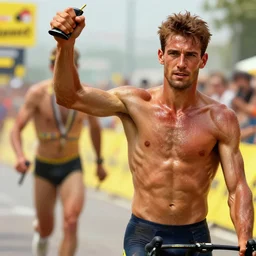 sweaty muscled brown man winning the tour de france while borat in a mankini runs in the background, fantasy, high detail, elegant, digital painting, cinematic lighting, vibrant, intricate, textured skin, highly detailed, artstation, sharp, focus, HDR, unreal engine 5, breathtaking, illustration, Anna Dittmann, Ilya Kuvshinov, Nikolay Makovsky