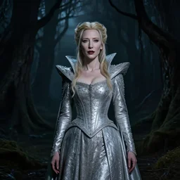 portrait of ((mischievous)), baleful Cate Blanchett as Galadriel! as a queen of fairies, dressed in a beautiful silver dress. The background is a dark, creepy eastern europen forrest.  night, horroristic shadows, high contrasts, lumnious, theatrical, character concept art by ruan jia, thomas kinkade, and J.Dickenson, trending on Artstation