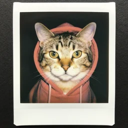 close-up shot of a cat wearing hoodie in 80s, funny, Polaroid photo, by Warhol