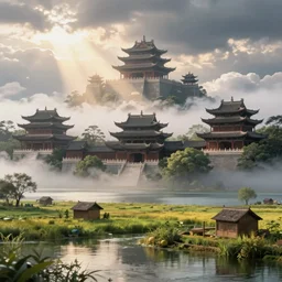 In the morning light, Chinese ancient buildings ，Magnificent and fantastic John Howe landscape, lake, clouds, farm,Fairy tale,light effect,Dream, Greg James Gurney