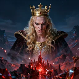 the crowned king looking mad with anger in his eyes, looking down on the city of blood and prisms from above the mountain, night skies, dramatic light, hyperrealistic, digital art, studio portrait absurdly beautiful, elegant, graceful, wayne barlowe, leonid afremov