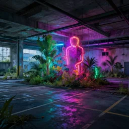 a indoor abandoned parking lot with overgrown plants and a human farm, neon, cyberpunk, art by Simon Stalenhag, cinematic, 4k