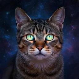 portrait painting of a cat with glowing eyes, cosmic background, unreal render cinematic lighting art by bussiere rutkowski andreas rocha