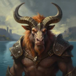 dungeons and dragons minotaur character closeup portrait, dramatic light, lake background, 2 0 0 mm focal length, painted by stanley lau, painted by greg rutkowski, painted by stanley artgerm, digital art, trending on artstation