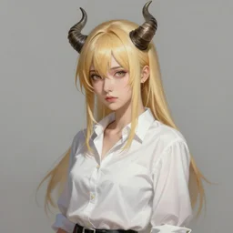 a ultradetailed beautiful half body painting of a stylish woman with blonde hair and horns, she is wearing a white shirt, by conrad roset, by greg rutkowski and by makoto shinkai trending on artstation