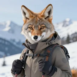 beautiful portrait of a female anthropomorphic coyote fursona wearing snow hiking gear in the snowy mountains. detailed hands. character design by charlie bowater, ross tran, artgerm, and makoto shinkai, detailed, soft lighting, rendered in octane