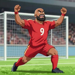a dark skinned football player with a black beard and bald in a red jersey with the number 9 celebrating a a goal, highly detailed, anime style, like it´s from captain tsubasa