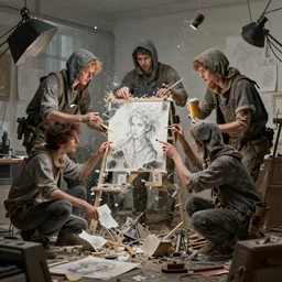luddites trying to destroy an image generator, artstation, digital art, trending, sharp detail