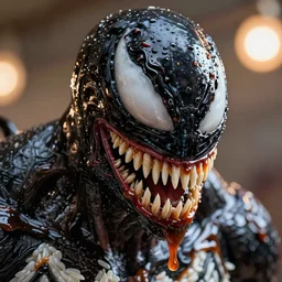 incredibly realistic, too detailed closeup face of marvel's venom made of soy sauce and rice, octane render, bump mapping, global illumination, unreal engine 5, 8 k, bokeh, d & d digital art, mark ryden, rob gonsalves