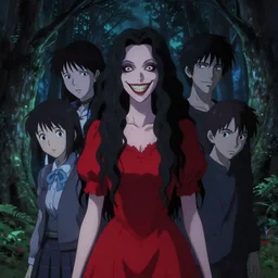 makoto shinkai, yoji shinkawa, ilya kuvshinov, rumiko takahashi, pretty woman vampire, sharp teeth, evil smile, red dress, symmetrical eyes, symmetrical face, long curly black hair, trees, forest, cinematic lighting, night, scary, blood
