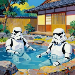 hyperrealism composition of the japanese house with a hot springs onsen in the garden, two detailed stormtroopers in hot springs, pop - art style, jacky tsai style, andy warhol style, roy lichtenstein style, acrylic on canvas