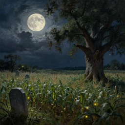 fantasy oil painting, a cornfield with big old stumpy tree on the right side, gravestone on the left side, night, dnd, spooky, large moon, stormclouds, fireflies, highly detailed, by jeff easley and larry elmore and tim hildebrandt, 4 k, 5 0 mm, unreal engine