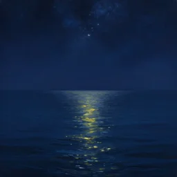 a painting of the peaceful ocean at night : the stars reflect off the surface of the water : landscape, fantasy, ambient, dreamlike, digital art, volumetric light, realism, trending on artstation