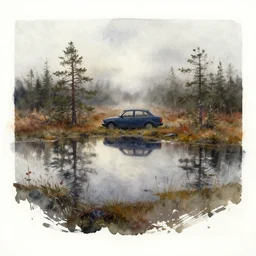 watercolor painting of car in scandinavian bog, reflective, fog, ambient lighting, art by anders zorn, wonderful masterpiece by greg rutkowski, cinematic light, american romanticism by greg manchess, creation by tyler edlin, mockup watercolor sketch with bold brushstrokes, smudged and smeared paint, white border edge, white paper corners