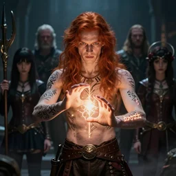 young male redhead Spellcaster standing, a spell glowing between his hands, with glowing runes tattoos on him, D&D dark fantasy style, sharp focus, ultra detailed, art by Artgerm and Peter Andrew Jones, Karol Bak, Ayami Kojima, Amano and Olivier Ledroit