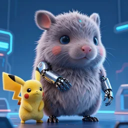 high quality 3 d render post - cyberpunk very cute fluffy! wombat cyborg, mechanical paw, highly detailed, unreal engine cinematic smooth, in the style of detective pikachu, hannah yata charlie immer, neon blue light, low angle, uhd 8 k, sharp focus