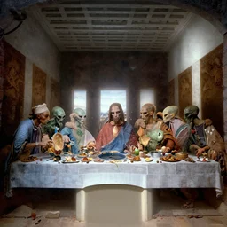 aliens in the last supper, eating alien food, painting