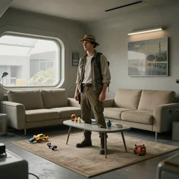 adventurer ( ( ( ( ( 1 9 5 0 retro futuristic living room. muted colors. toys laying around ) ) ) ) ) by jean baptiste monge