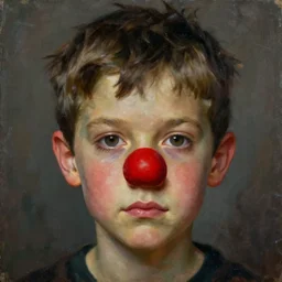 a beautiful oil painting hyperrealism of a boy head with red nose, moody lighting, 8 k resolution, octane render, trending on artstation, by h. r. giger and greg rutkowski