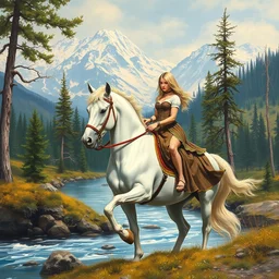a painting of a very beautiful blonde woman riding a white horse by a beautiful river in a virgin forest with snowy mountains in the background, in the style of rosa bonheur, amazing detail, award winning