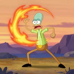 squidward firebending outside at susnset