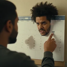 a scene from a movie, The Weeknd looking at a calendar,  !!!!pointing at Saturday on a calendar!!!!